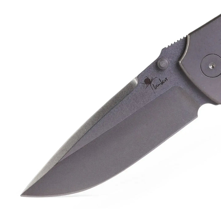 Kaviso x Kirby Raine S90V Folding Knife with Burlap Micarta Bolsters and Ti Frame Lock with Thumb Studs and Stonewashed Blade