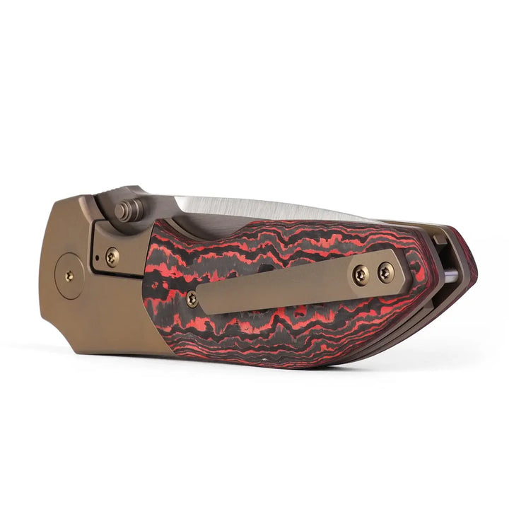 Kaviso x Kirby Raine S90V Folding Knife with Lava Flow FatCarbon Bolsters and Ti Frame Lock with Thumb Studs