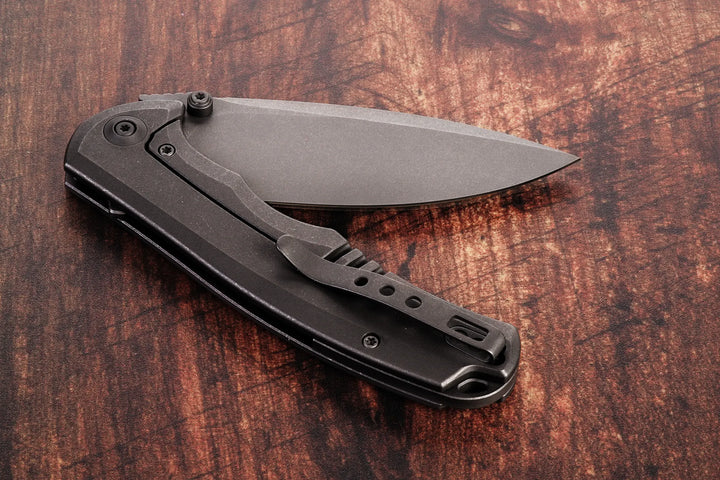 Kaviso Exclusive WE Knife Praxis with S35VN Blade, Titanium Frame Lock, Stonewashed Blade, Dual thumbstuds