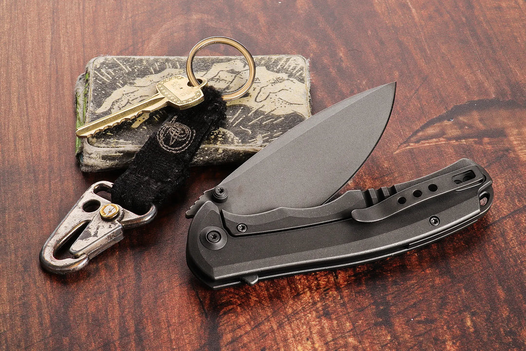 Kaviso Exclusive WE Knife Praxis with S35VN Blade, Titanium Frame Lock, Stonewashed Blade, Dual thumbstuds