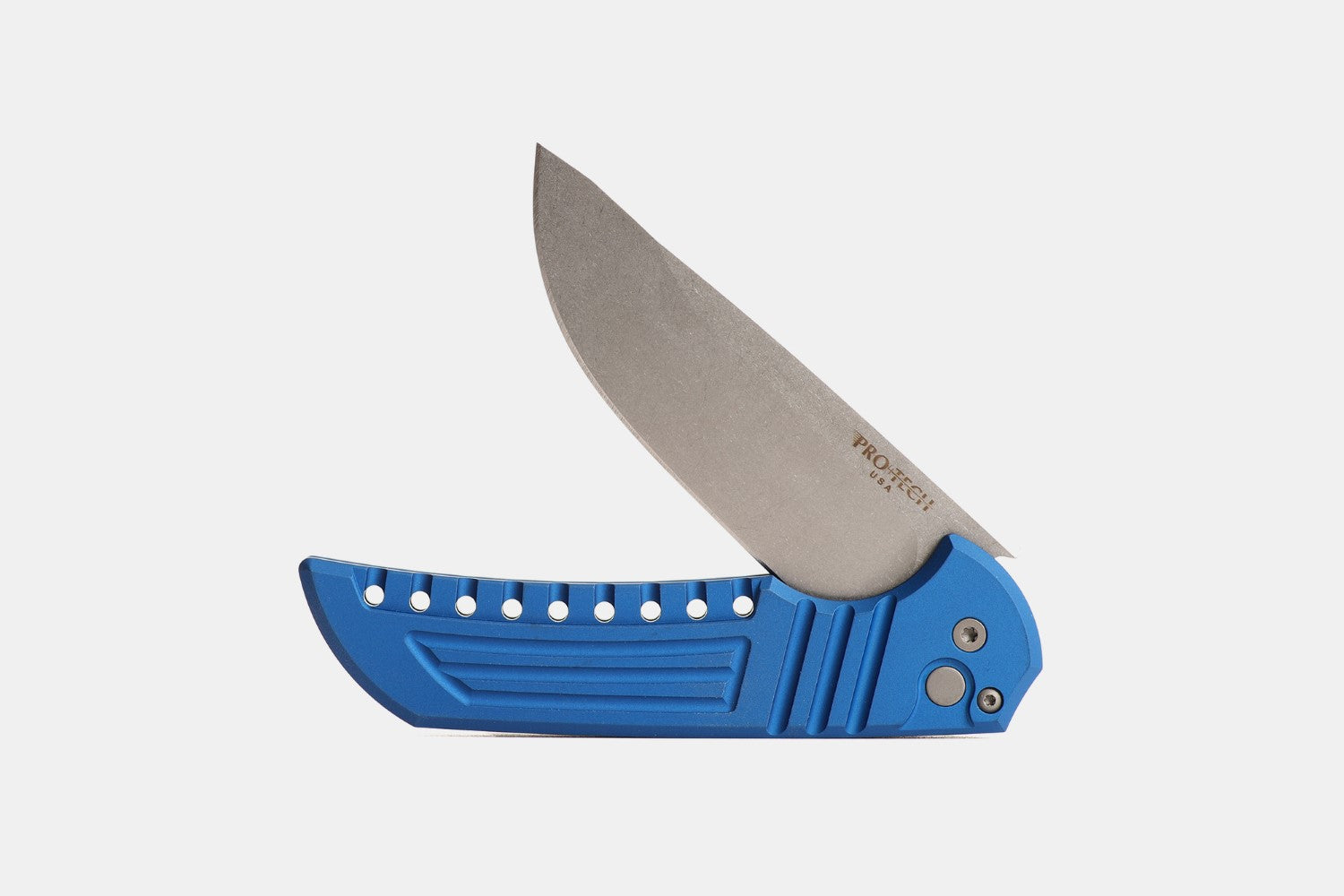 Pro-Tech Knives Mordax in Magnacut designed by Ferrum Forge with Aluminum milled handles and button lock stonewashed blade