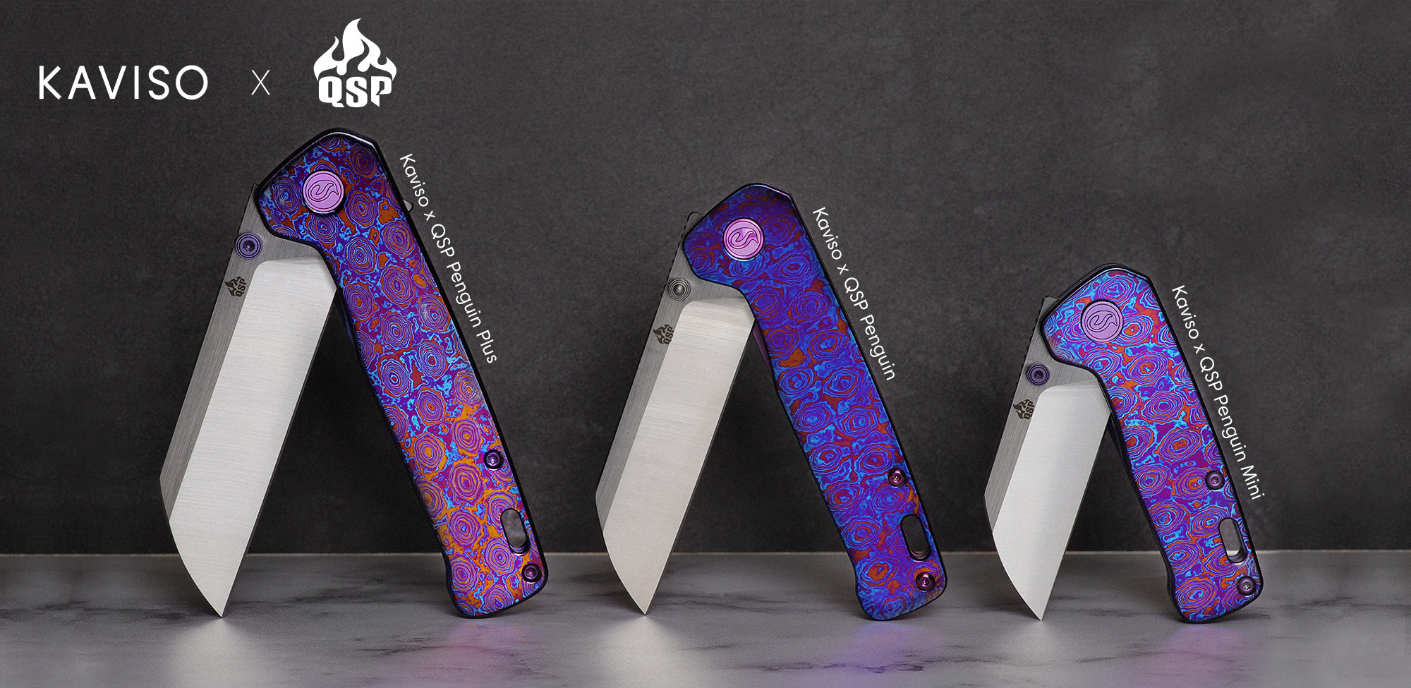 Kaviso x QSP Penguin Product Collection including Penguin Mini, Penguin, and Penguin Plus in Titanium Frame Locks with FatCarbon, Mokuti, and Titanium Finishes