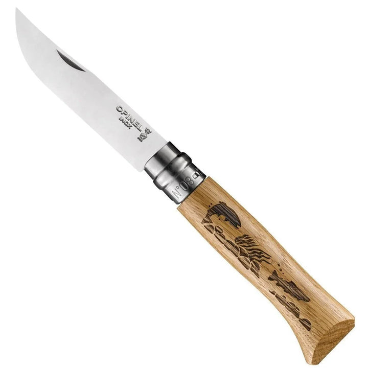 Opinel No. 8 Oak Engraved Handle Folding Knife Animalia