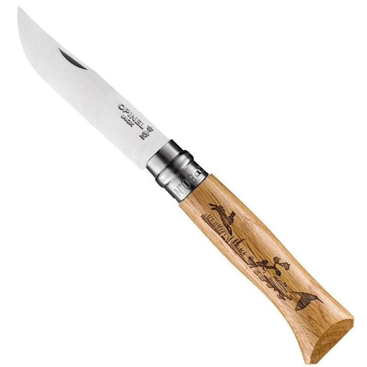 Opinel No. 8 Oak Engraved Handle Folding Knife Animalia
