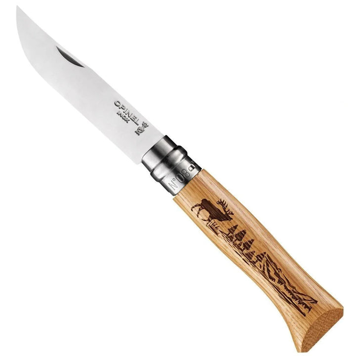 Opinel No. 8 Oak Engraved Handle Folding Knife Animalia