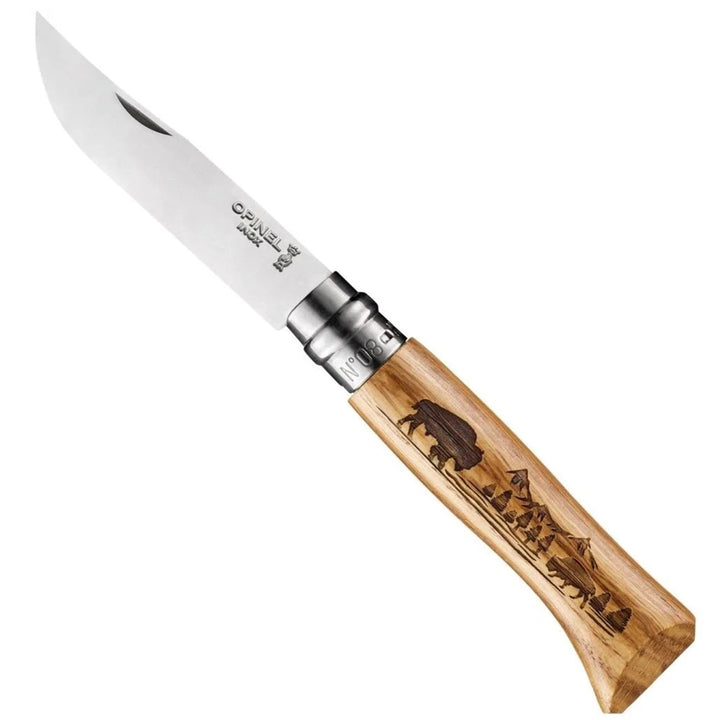 Opinel No. 8 Oak Engraved Handle Folding Knife Animalia