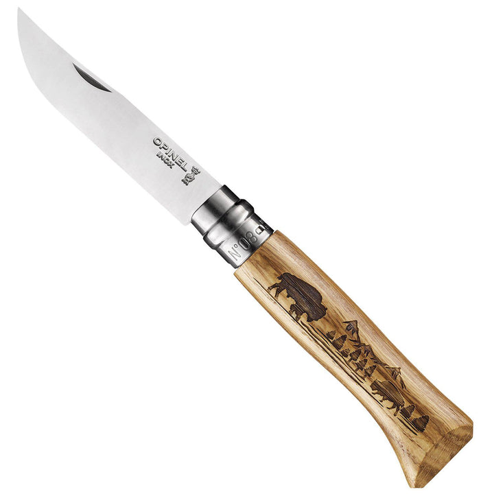 Opinel No. 8 Oak Engraved Handle Folding Knife Animalia