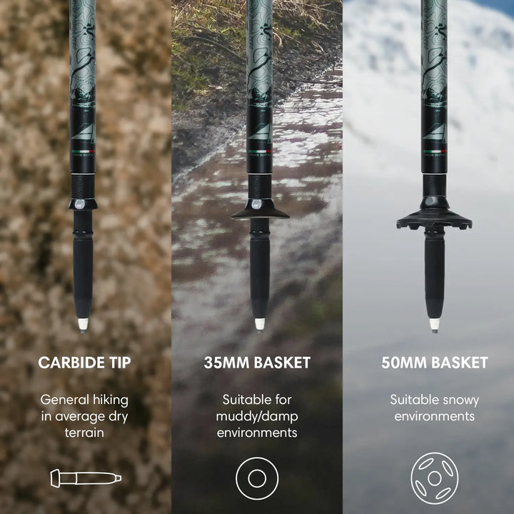 Kaviso x Fizan CDT Trekking Poles with three baskets, carbide tip, 35mm, and 50mm for muddy, damp, and snow.