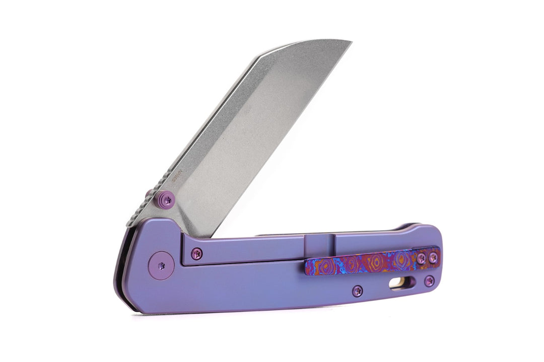 Kaviso x QSP Penguin Plus S35VN Pocket Knife with Mokuti Scales, Stonewashed Blade, and Purple Anodized Hardware and Exclusive Penguin Pivot