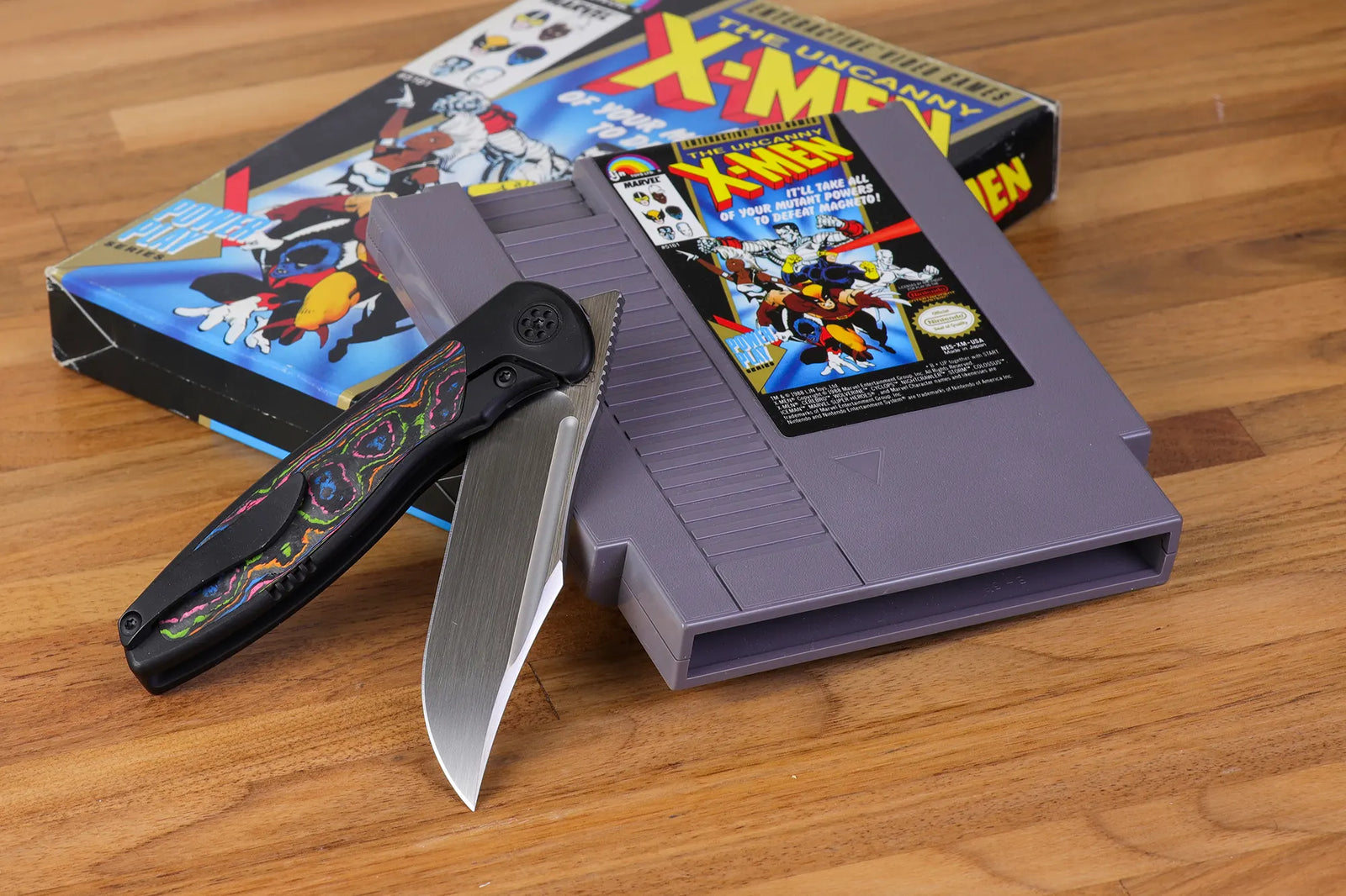 Kaviso x Sharp by Designs Mini Tempest S90V Folding Pocket Knife in 80's Camo Carbon Carbon Fiber eighties with X-Men Nintendo Game