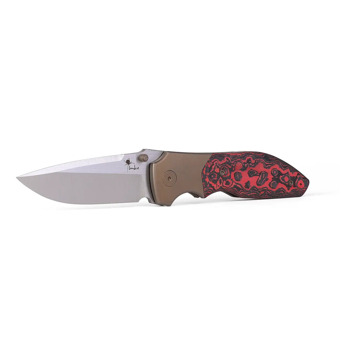 Kaviso x Kirby Raine S90V Folding Knife with Lava Flow FatCarbon Bolsters and Ti Frame Lock with Thumb Studs