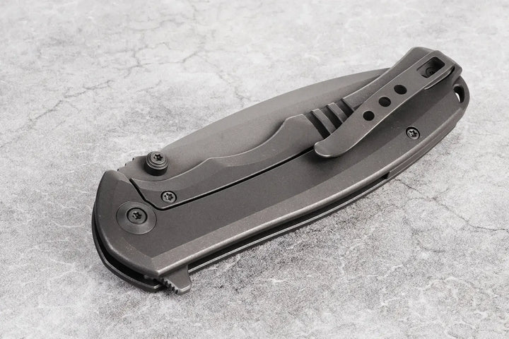 Kaviso Exclusive WE Knife Praxis with S35VN Blade, Titanium Frame Lock, Stonewashed Blade, Dual thumbstuds