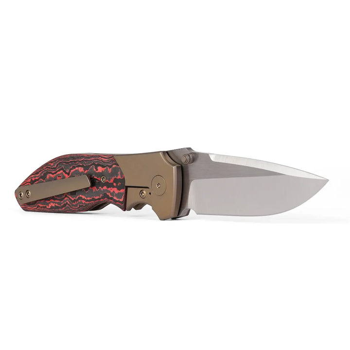 Kaviso x Kirby Raine S90V Folding Knife with Lava Flow FatCarbon Bolsters and Ti Frame Lock with Thumb Studs and Satin Blade