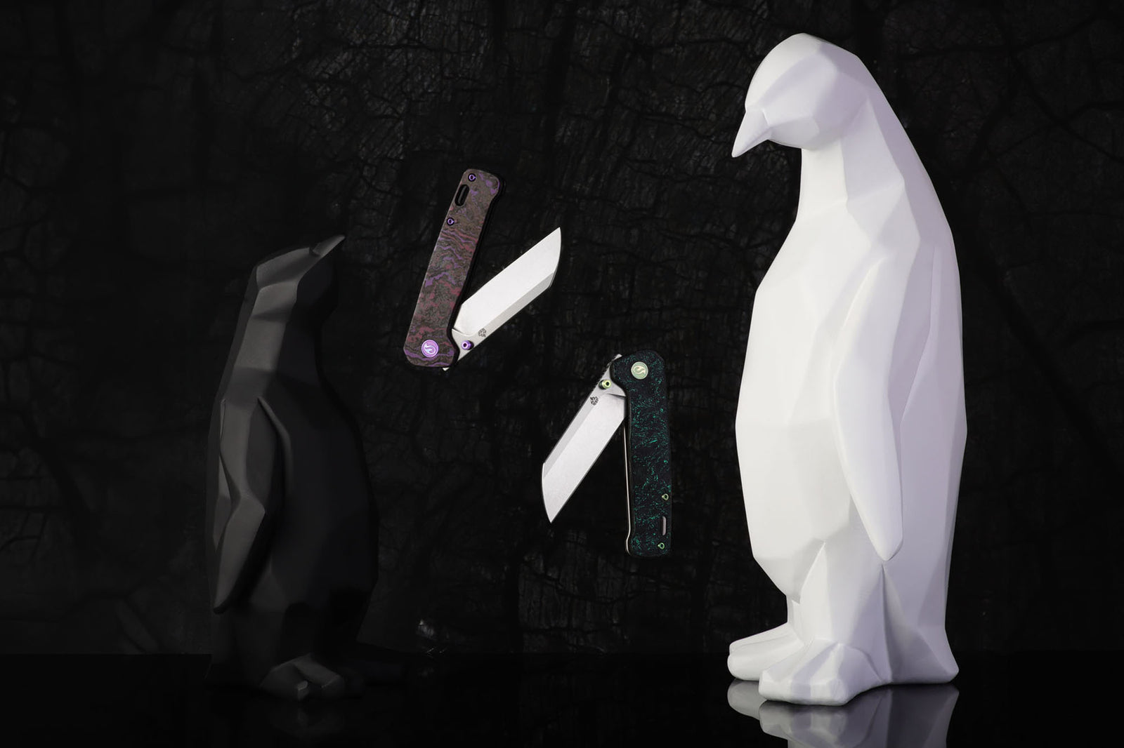 Kaviso x QSP Penguin FatCarbon Dark Matter Glow in the Dark and Purple Haze Cross-cut with Elmax SuperClean Blade Steel and Silver Titanium Frame Lock