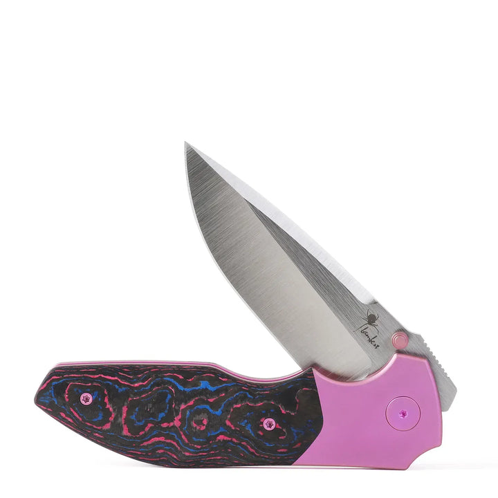 Kaviso x Kirby Raine Folding Knife S90V Blade Steel, Miami Vice CamoCarbon, Titanium Pink Frame Lock with Satin Blade and Thumbstuds