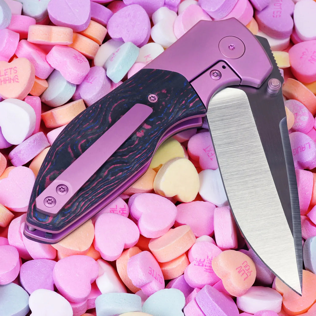 Kaviso x Kirby Raine Folding Knife S90V Blade Steel, Miami Vice CamoCarbon, Titanium Pink Frame Lock with Satin Blade and Thumbstuds