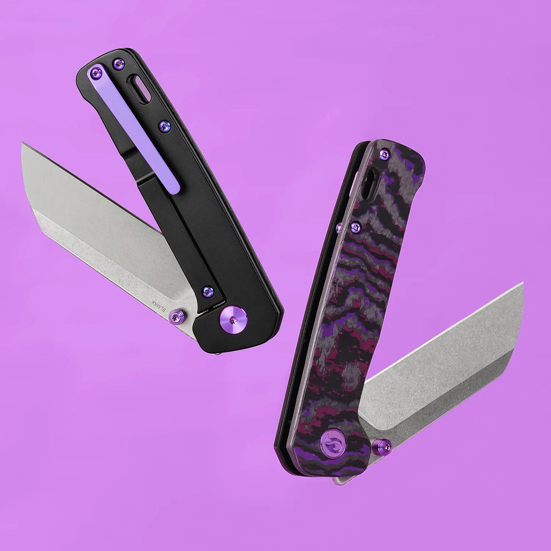 Kaviso x QSP Penguin FatCarbon with Purple Haze Cross-cut Scales and SuperClean Elmax Stonewashed Blades with Titanium Frame Lock