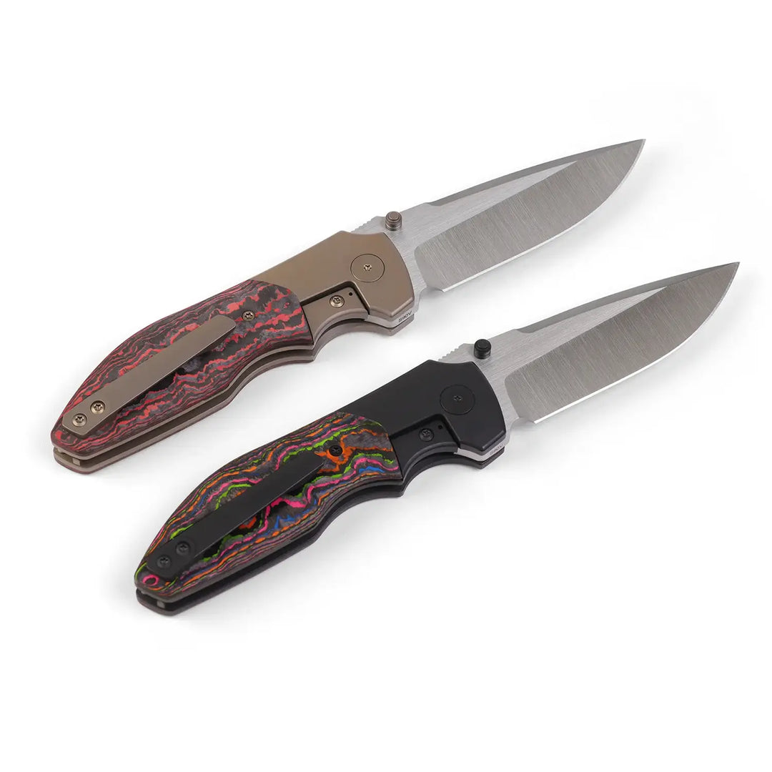 Kaviso x Kirby Raine S90V Folding Knife with Lava Flow and 80s Carbon Fiber Bolsters and Ti Frame Lock with Thumb Studs