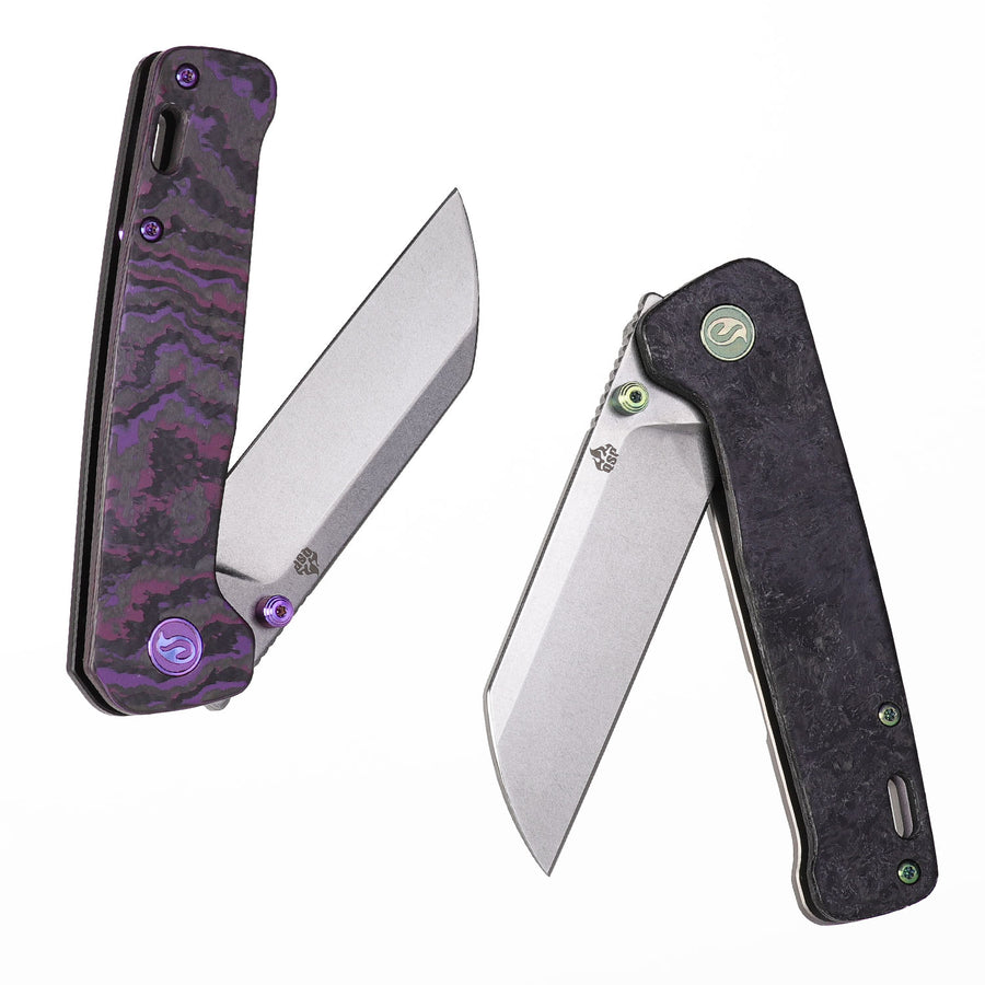 Kaviso x QSP Penguin FatCarbon with Purple Haze and Dark Matter Glow Scales and SuperClean Elmax Stonewashed Blades with Titanium Frame Lock