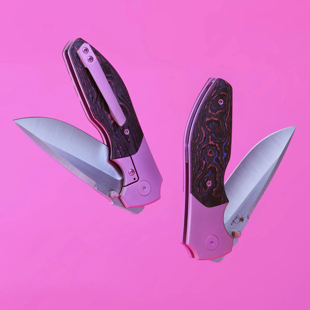 Kaviso x Kirby Raine Folding Knife S90V Blade Steel, Miami Vice CamoCarbon, Titanium Pink Frame Lock with Satin Blade and Thumbstuds