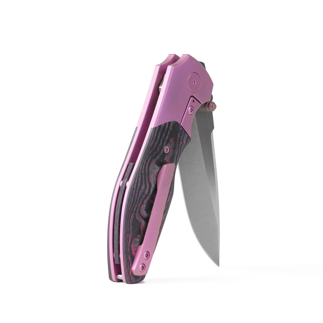 Kaviso x Kirby Raine Folding Knife S90V Blade Steel, Miami Vice CamoCarbon, Titanium Pink Frame Lock with Satin Blade and Thumbstuds