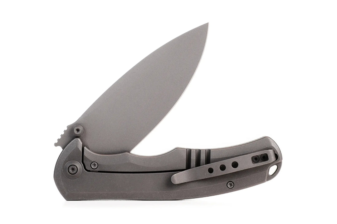 Kaviso Exclusive WE Knife Praxis with S35VN Blade, Titanium Frame Lock, Stonewashed Blade, Dual thumbstuds