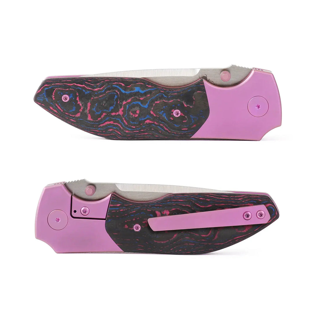 Kaviso x Kirby Raine Folding Knife S90V Blade Steel, Miami Vice CamoCarbon, Titanium Pink Frame Lock with Satin Blade and Thumbstuds