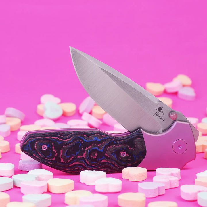 Kaviso x Kirby Raine Folding Knife S90V Blade Steel, Miami Vice CamoCarbon, Titanium Pink Frame Lock with Satin Blade and Thumbstuds