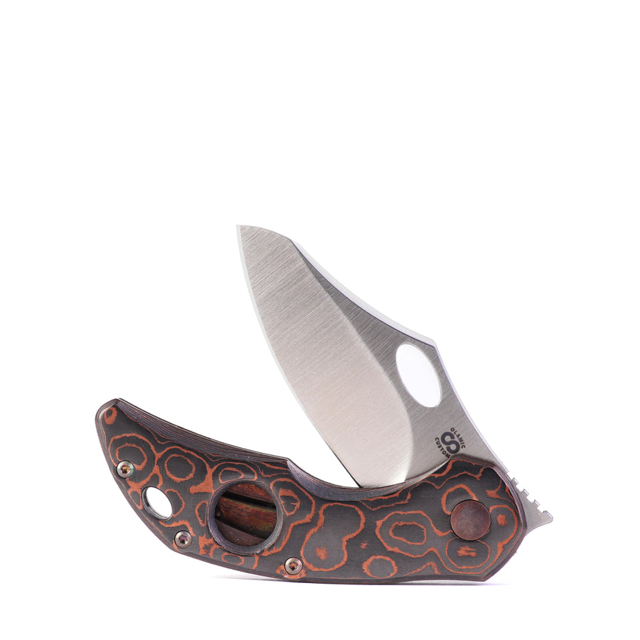 Olamic Cutlery Olamic Custom Busker Frame Lock CPM Magnacut Satin Folding Knife Carbon Fiber Camo Copper