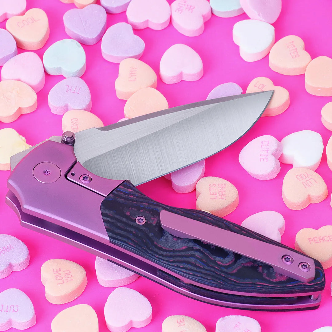 Kaviso x Kirby Raine Folding Knife S90V Blade Steel, Miami Vice CamoCarbon, Titanium Pink Frame Lock with Satin Blade and Thumbstuds