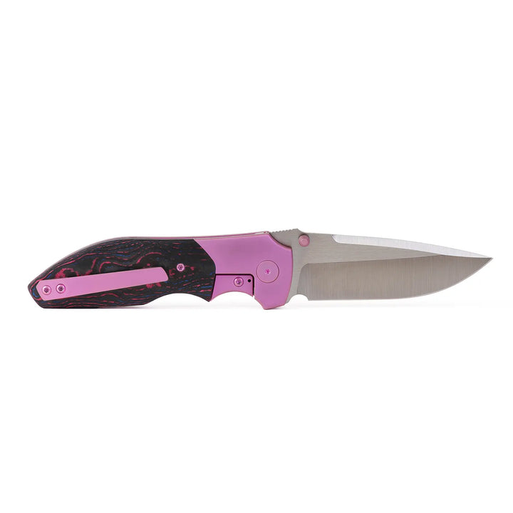 Kaviso x Kirby Raine Folding Knife S90V Blade Steel, Miami Vice CamoCarbon, Titanium Pink Frame Lock with Satin Blade and Thumbstuds