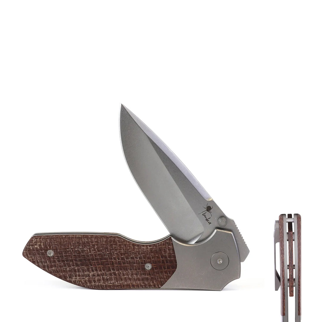 Kaviso x Kirby Raine Folding Knife with S90V SatinStonewashed Blade and Burlap Micarta Bolsters