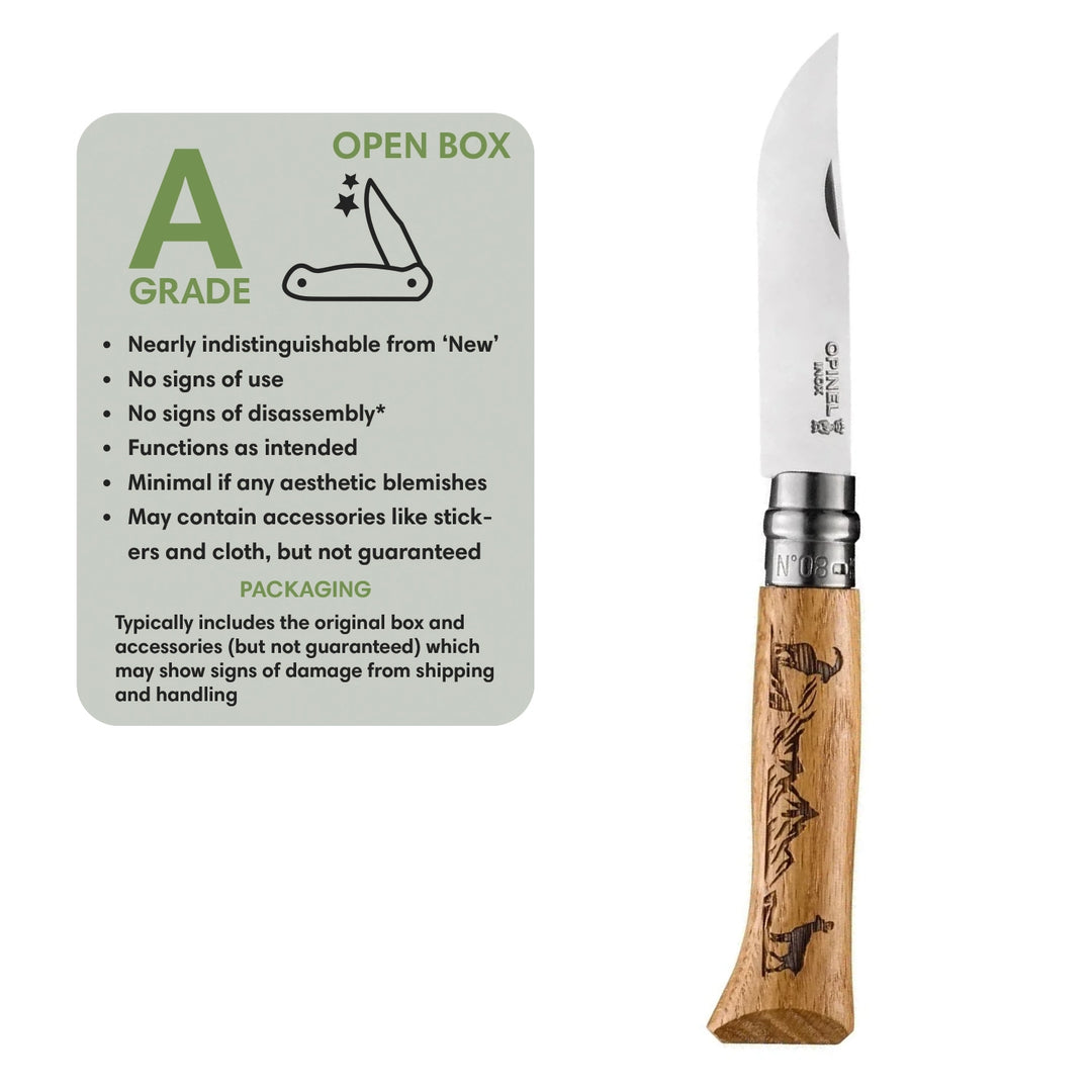 Opinel No. 8 Oak Engraved Handle Folding Knife Animalia - Open Box
