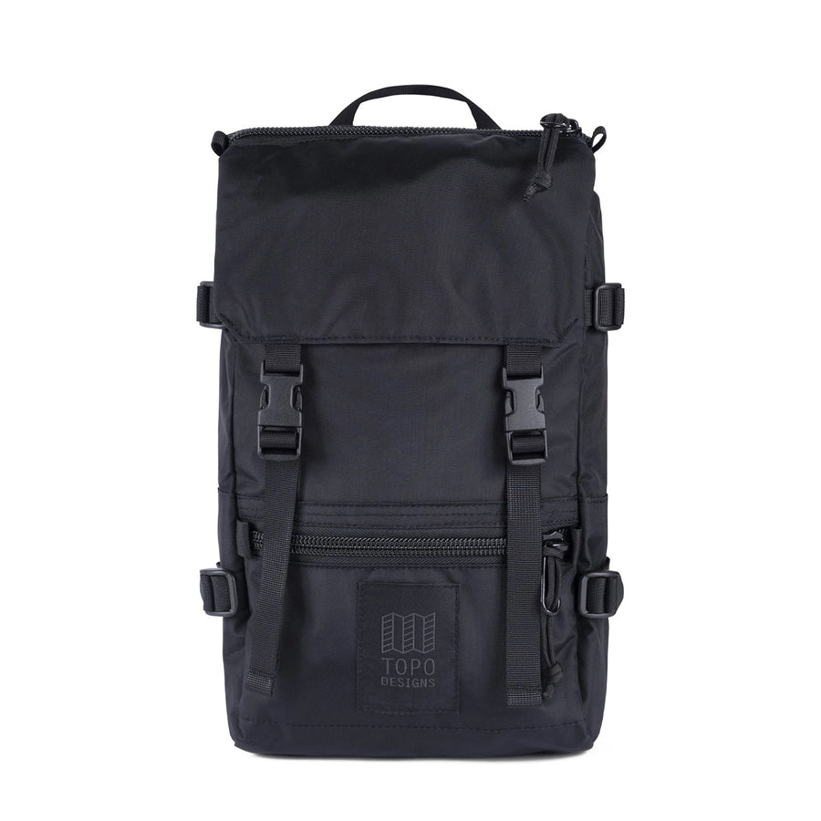 Topo Designs Rover Pack Mini in Black - front view of backpack with flap top with dual side-release buckle closures