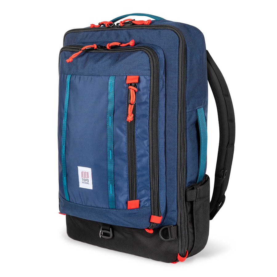 Topo Designs Global Travel Bag 40L (S24) in Navy - front view of bag made with recycled materials) offers 3-way carry options