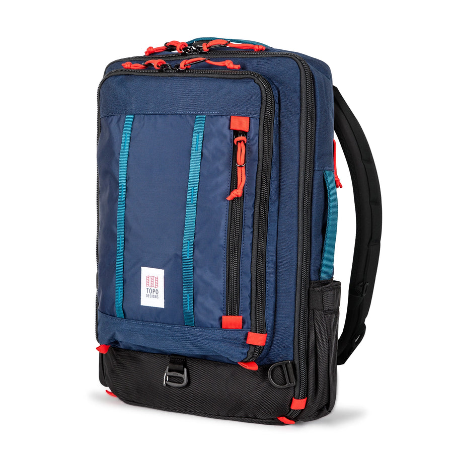 Topo Designs Global Travel Bag 30L (S24) in Navy - front view of bag made with recycled materials) offers 3-way carry options