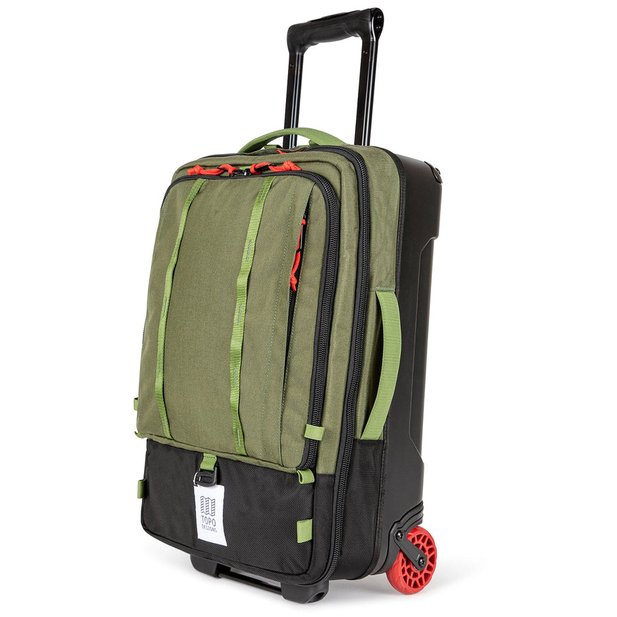 Topo Designs Global Travel Bag Roller in Olive - front view of roller bag made with recycled materials) packs plenty of internal organization into its carry-on friendly size