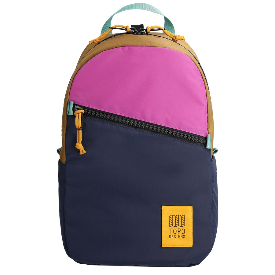 Topo Designs Light Pack in Dark Khaki / Navy - front view of backpack made with recycled nylon exterior