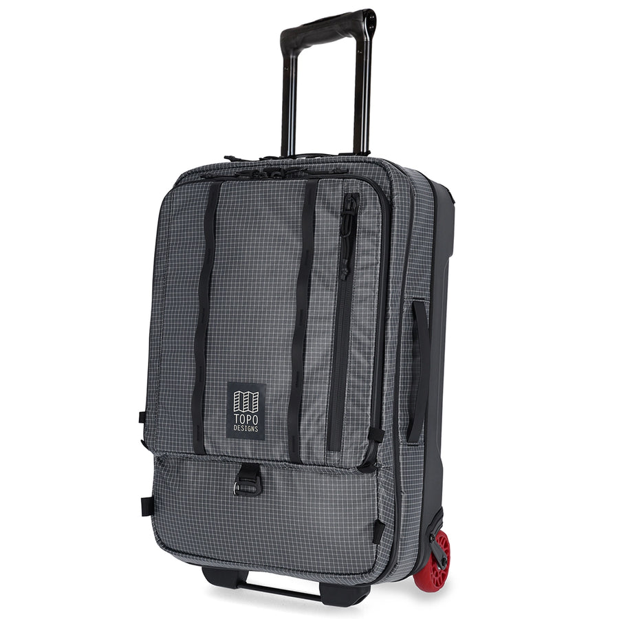 Topo Designs Apex Travel Roller Bag in Black Grid - front view of roller bag made with recycled materials