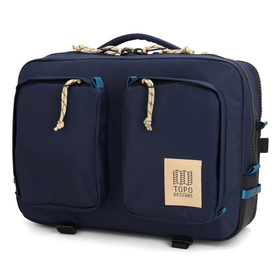Topo Designs Global Briefcase in Navy / Sahara - front view of briefcase made with recycled materials meet travel-friendly features
