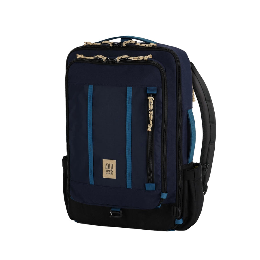 Topo Designs Global Travel Bag 30L in Navy / Sahara - front view of bag made with recycled materials) offers 3-way carry options