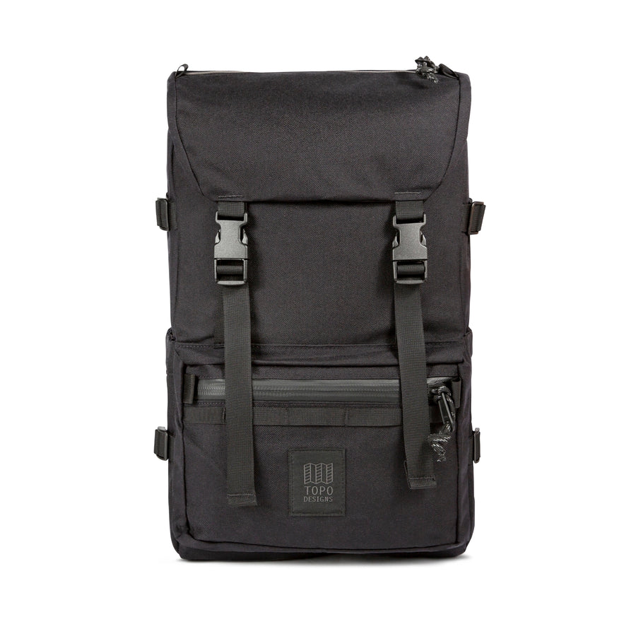 Topo Designs Rover Pack Tech in Black - front view of backpack made with recycled nylon for sustainability and durability