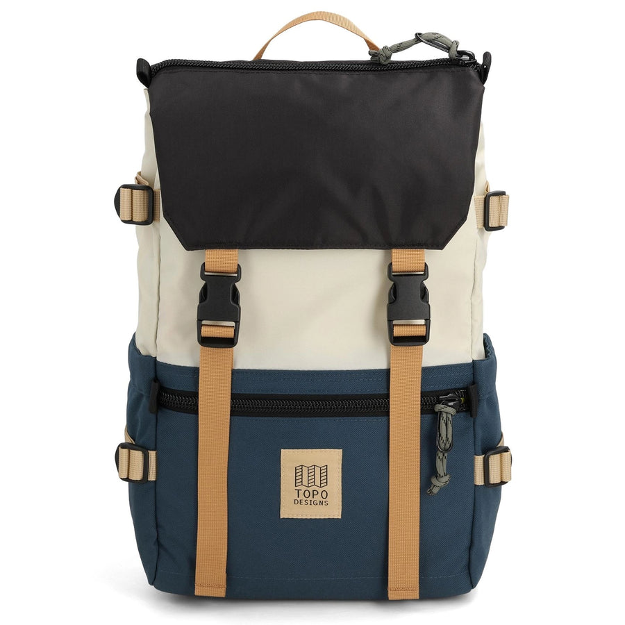 Topo Designs Rover Pack Classic in Bone White / Pond Blue - front view of backpack with spacious main compartment