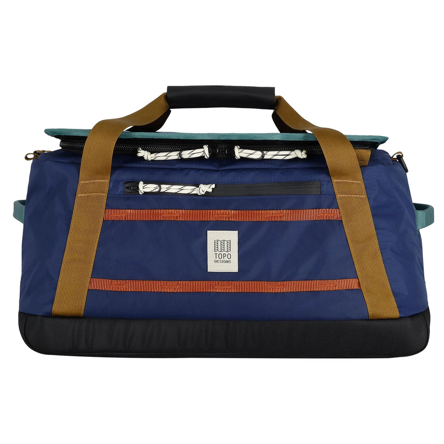 Topo Designs Mountain Duffel 40L in Midnight / Caribbean - front view of duffel bag made with nylon grab handles