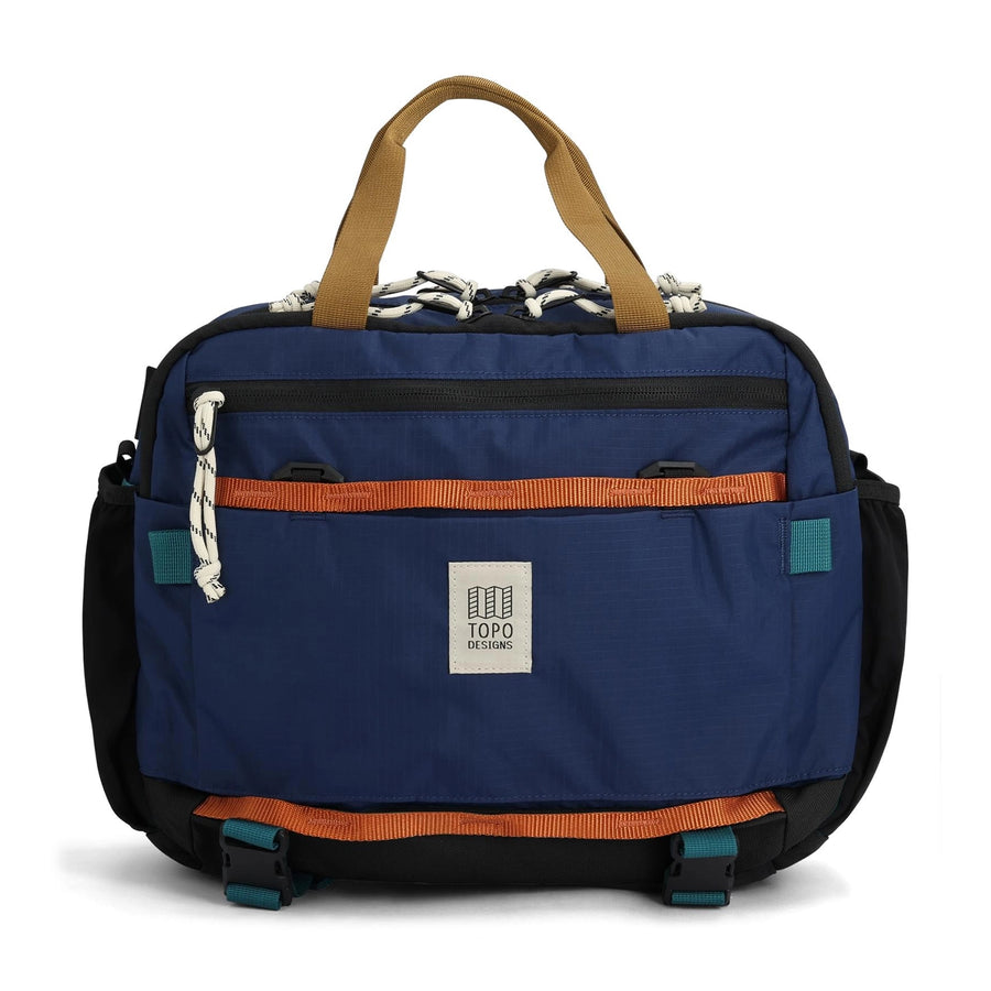 Topo Designs Mountain Cross Bag in Midnight / Caribbean - front view of crossbody bag made with 1000D nylon lower panels