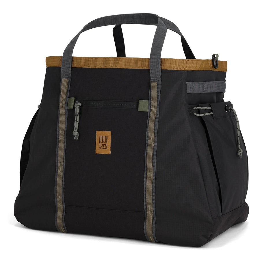 Topo Designs Mountain Gear Bag in Black / Neutral - front view of gear bag made with 1000D recycled nylon + 200D recycled nylon exterior fabric with high abrasion resistance