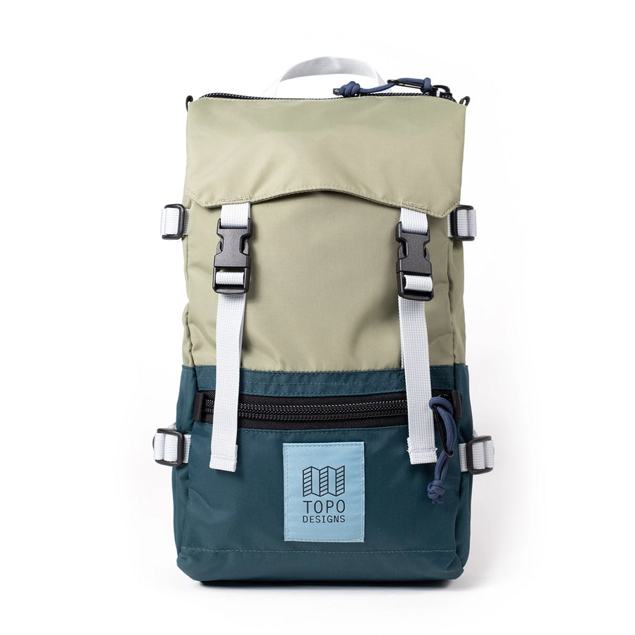 Topo Designs Rover Pack Mini in Oil Green / Dark Pine - front view of backpack with flap top with dual side-release buckle closures