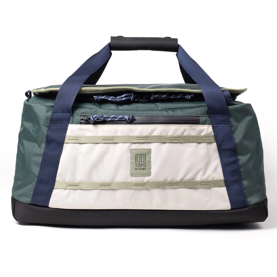 Topo Designs Mountain Duffel 40L in Forest / Bone White - front view of duffel bag made with nylon grab handles