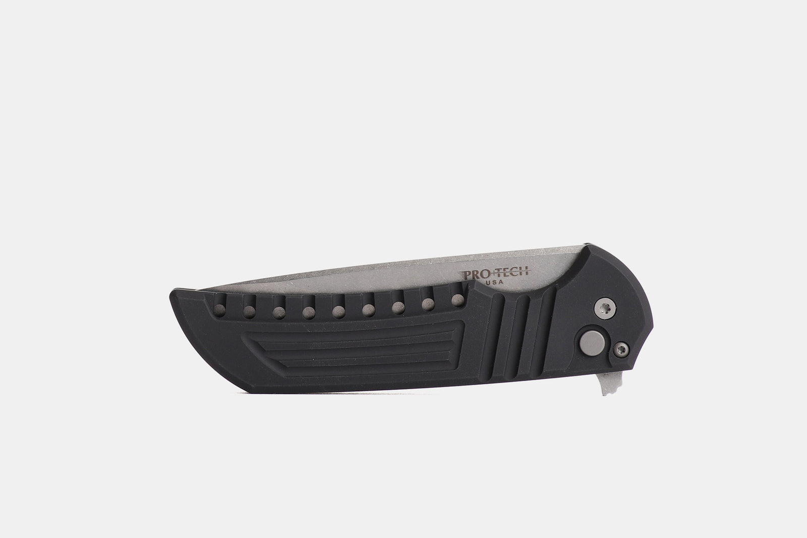Pro-Tech Knives Mordax in Magnacut designed by Ferrum Forge with Aluminum milled handles and button lock stonewashed blade