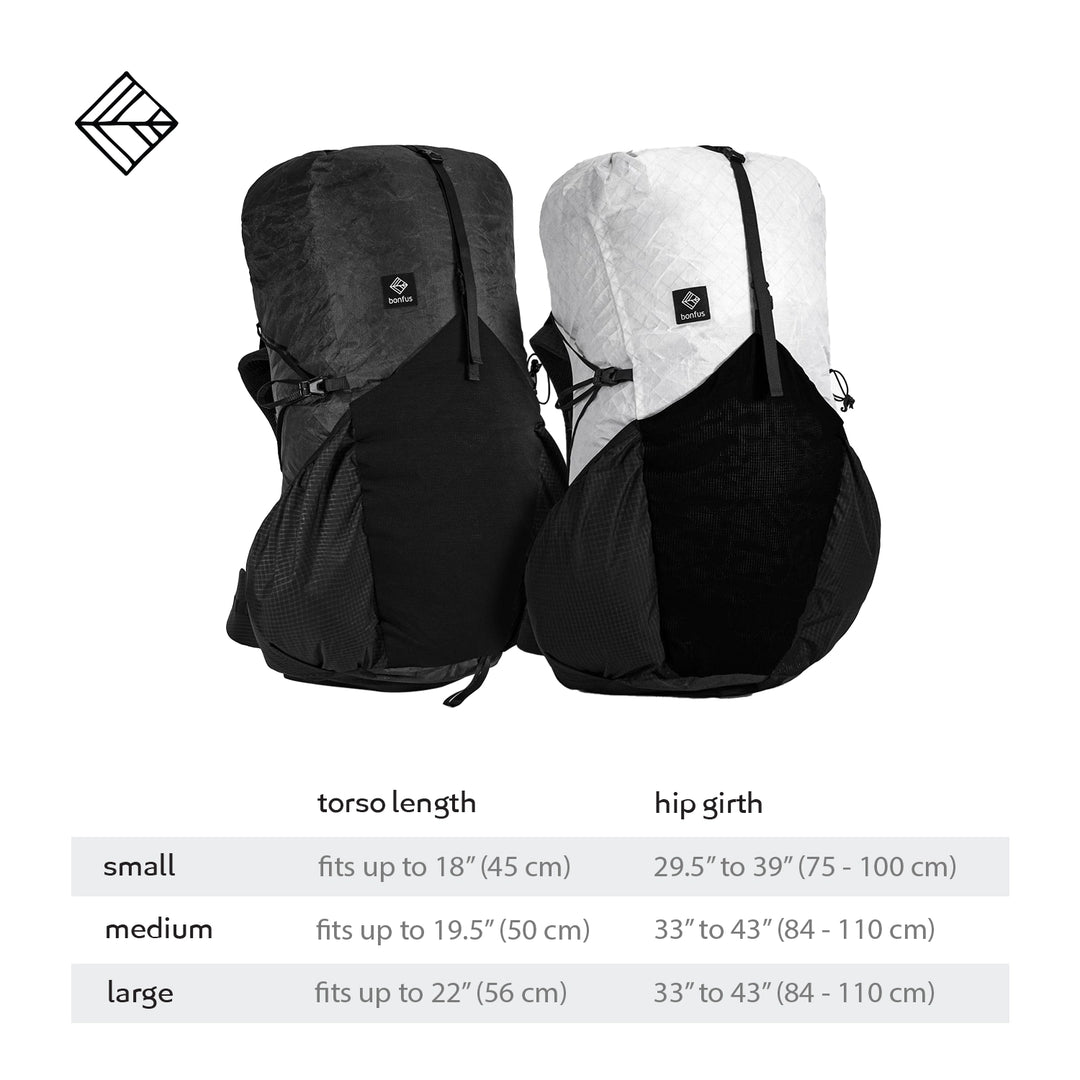 Bonfus Aerus 55L torso sizing specifications - Small Medium Large for custom fit ultralight backpack